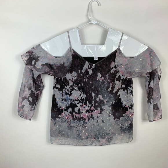 Bar III Blouse Women Medium Cold Shoulder Feminine Ruffles Muted Gray Pink - Picture 4 of 10